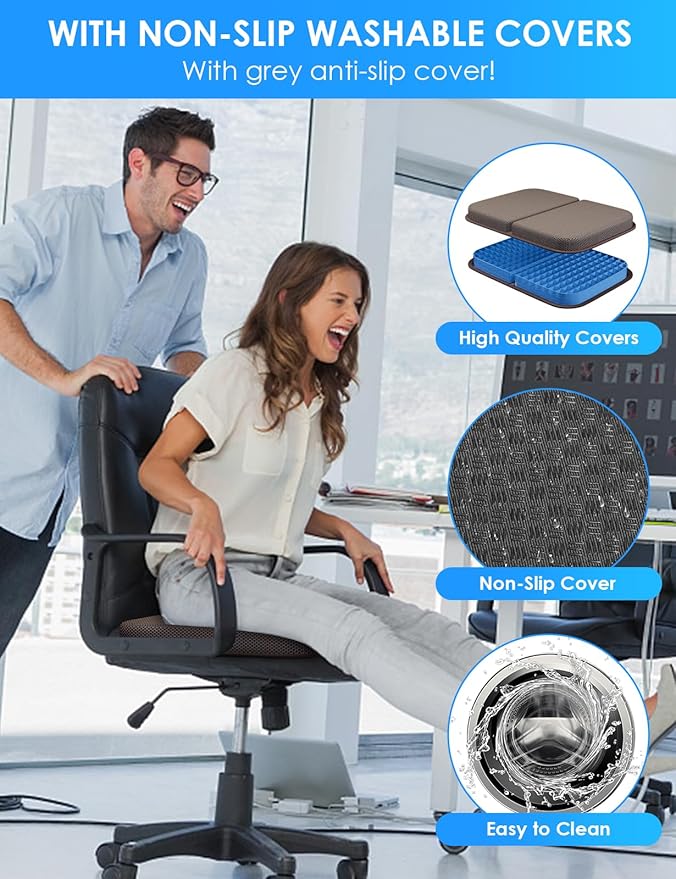 Gel Seat Cushion Portable Massage Travel Cushions, 14.5" x 10.5" Thick Foldable Seat Cushion for Car Office Chair Wheelchair Hip, Coccyx, Sciatica, Pressure Sores Tailbone Pain Relief