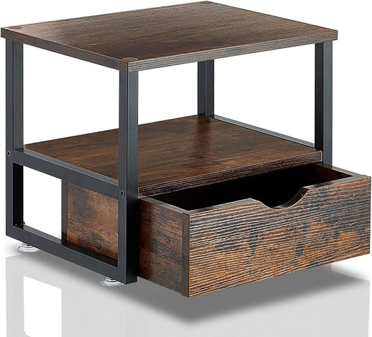 2 Tier Desktop Printer Stand,Printer Stand with Drawers,Printer Shelf for Top of Desk ，Multi-Purpose Desk Organizer for Home Office, Fit Fax Machine, Scanner,Rustic Brown