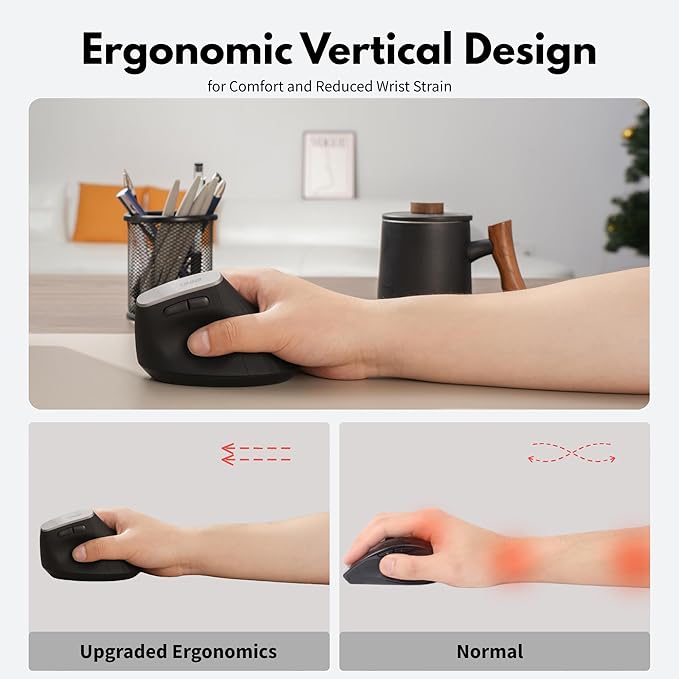Ergonomic Wireless Mouse,Vertical Mouse,4 Level DPI,2.4GHz USB Receiver,Ergonomic Design for Comfort and Reduced Wrist Strain Ideal for Computer, Laptop, PC and Desktop (Black)