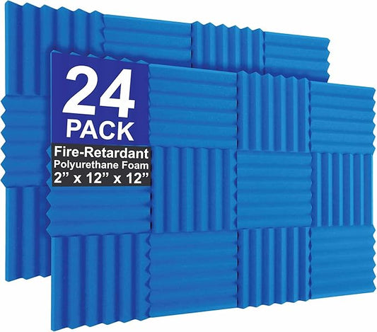 Foam Factory Inc 24 Pack Color Acoustic Foam Panel Studio Soundproofing Wedge Wall Tiles 12” X 12” X 2” (Blue)