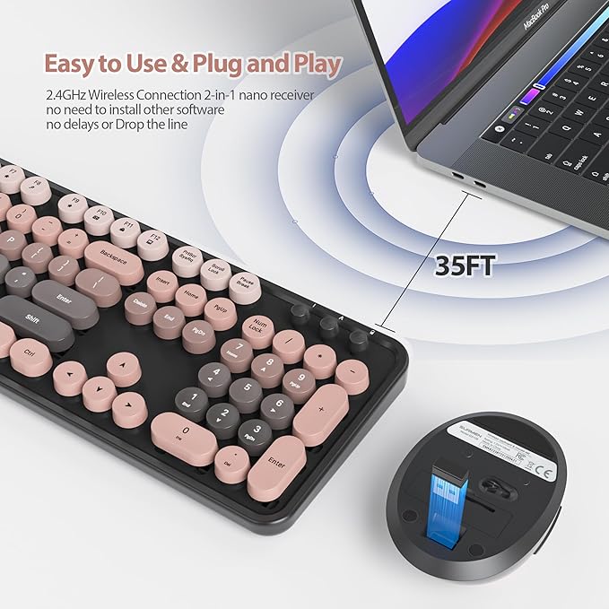 Fogruaden Pink Keyboard and Mouse Wireless, Retro Typewriter Keyboard, 2.4GHz 104 Keys Full Size Cute Keyboard with Number Pad, Gradient Colorful Round Keycaps for Windows PC Desktops Laptop