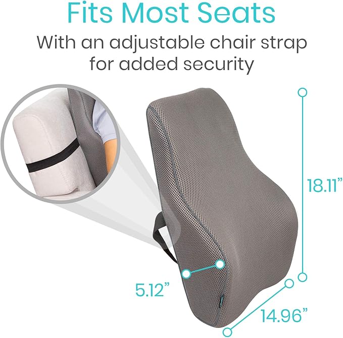 Vive Full Lumbar Cushion - Memory Foam Contour Support for Lower Back Pain - Ergonomic Pressure Relief for Office Chair, Car - Large Mesh Orthopedic Seat Backrest Roll for Improving Posture (Gray)