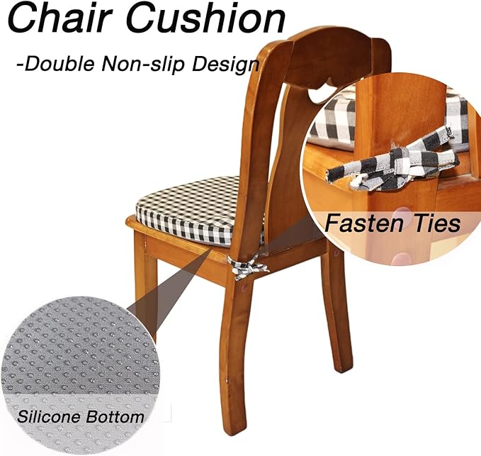Collection Chair Cushion Memory Foam Pads with Ties - Kitchen Non Skid Rubber Back U Cushions with Machine Washable Cover (Small Black White,1)