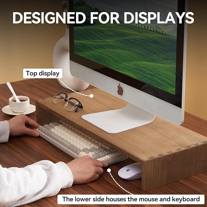 KIRIGEN Monitor Stand Wooden -Desk stand wood for Computer / Laptop/ TV Printer - Monitor Arms & Stands Desk Riser for Office Organizers -Desktop Workspace (59,Dark Brown)