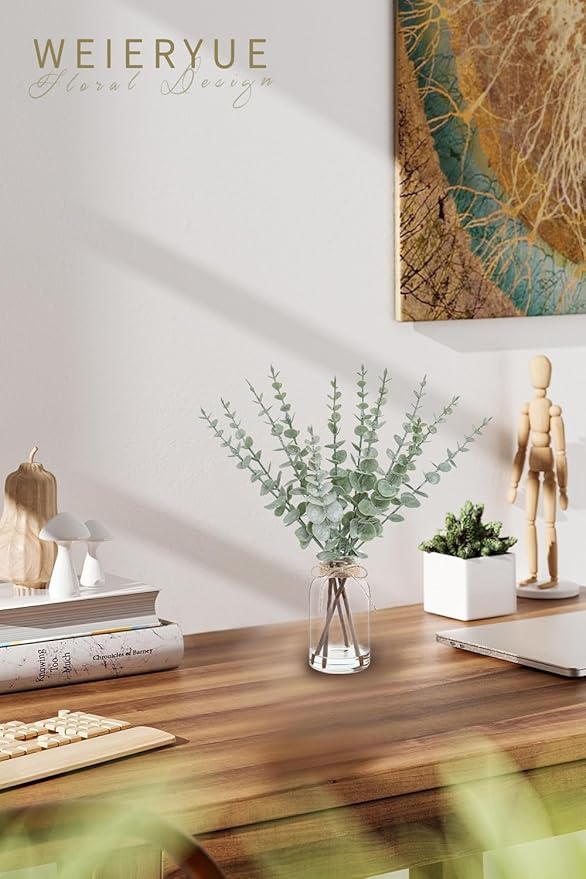 Artificial Eucalyptus Stems in Glass Vase with Faux Water,Artificial Plants Eucalyptus Leaves for Shelf Desk Bathroom Farmhouse Room Coffee Table Home Decor, Central Decoration.