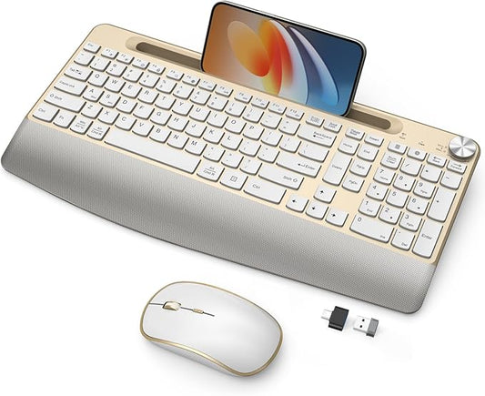 JOYACCESS Ergonomic Wireless Keyboard and Mouse Combo, Full-Sized Keyboard with Wrist Rest and Tablet Holder, Volume Roller for Computer PC Laptop-Gold&White