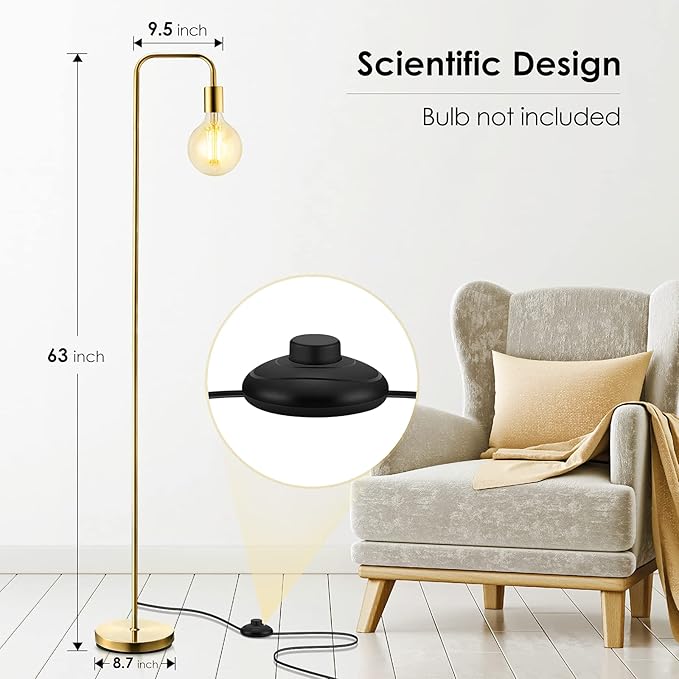 BoostArea Industrial Gold Standing Lamp, 63 Inch, E26 Socket, On/Off Footswitch, ETL Listed, Modern for Bedroom, Living Room, Minimalist, Vintage, Mid-Century, Boho, Metal