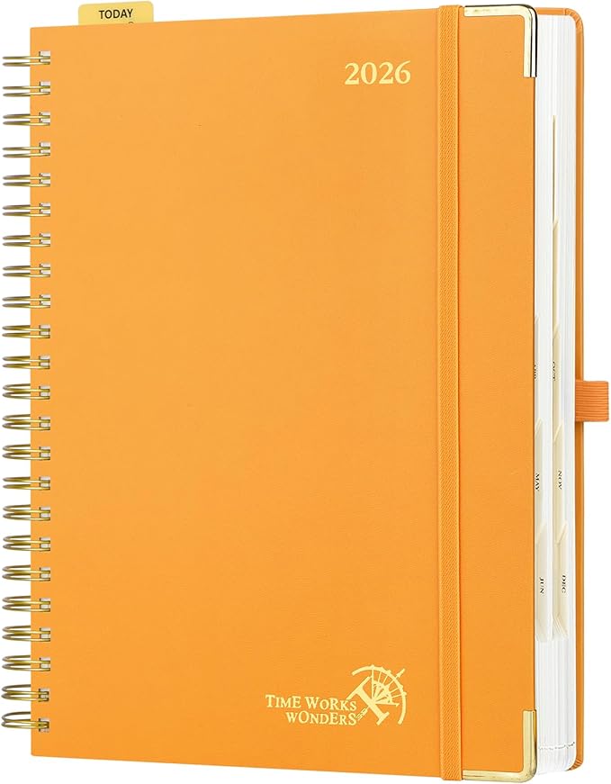 POPRUN 2026 Daily Planner One Page A Day - [A4 Large Size 8.5" x 12" -Spiral Hard Cover], Agenda 2026 Hourly Appointment Book with Monthly Calendar, Pen Holder, Ivory Paper - Orange