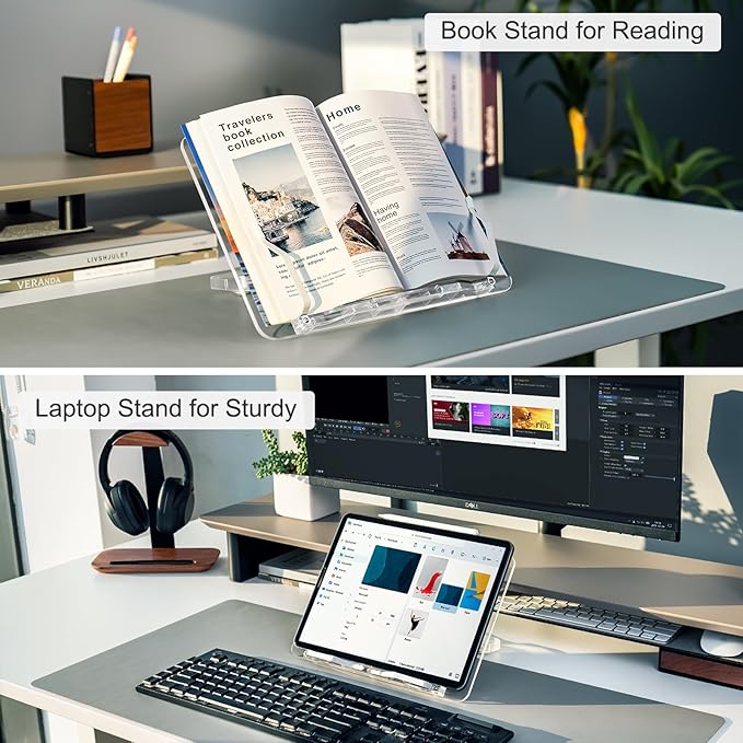 Acrylic Book Stand for Reading, Portable Book Holder for Desk, Angle Adjustable Textbook Stand for Document Recipe, Cookbook, Music Book