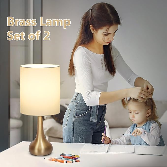 Boncoo Set of 2 Bedside Touch Lamps, 16 Inch Dimmable Small Nightstand Lamp, Night Light Lamp Simple Touch Table Lamp with Brass Metal Base for Living Room Bedroom Office, A19 3000K Led Bulb Included