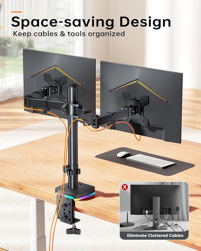 RGB Dual Monitor Stand for 2 Screens Fully Adjustable Monitor Desk Mount Sturdy Stepped Arm Design up to 17.6lbs Desk Mount with RGB USB & USB-C High Speed Data Transfer C-Clamp 75x75/100x100 VESA
