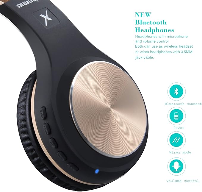 Riwbox Bluetooth Headphones, XBT-80 Folding Stereo Wireless Bluetooth Headphones Over Ear with Microphone and Volume Control, Wireless and Wired Headset for PC/Cell Phones/TV/iPad (Black Gold)