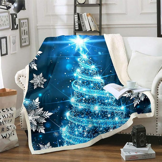 Merry Christmas Throw Blanket Blue Christmas Tree Bed Blanket for Girls Kids Boys Chic Winter Snowflake Sherpa Throw Blanket Blingbling Blue Xmas Theme Blanket New Year Presents Plush Blanket, Baby