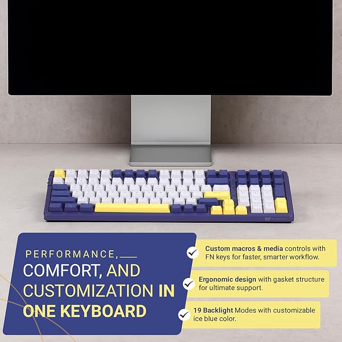 Qisan Wireless/Wired Mechanical Keyboard, Triple Mode 2.4G/USB-C/BT Wireless Gaming Keyboard, 100 Keys (98%) US Layout Red Switch Rechargeable Backlit Keyboards | Dark Blue & Yellow & White Combo