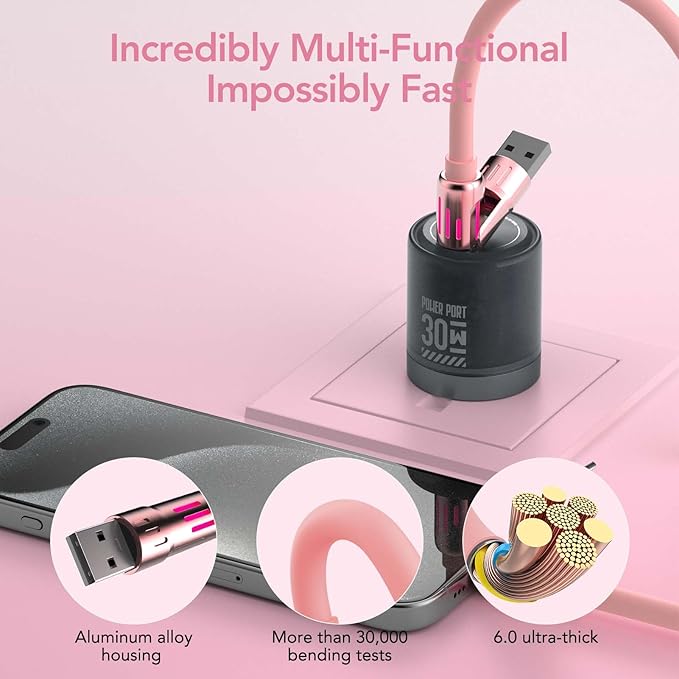 MFish 4-in-1 Universal USB Charging Cable with Carrying Case – 240W Max Fast Charger Cord, USB-A, Dual USB-C & Lighting, for iPhone 14/15/16/17 Series, iPad & MacBook and More (Pink, 6.6Ft)