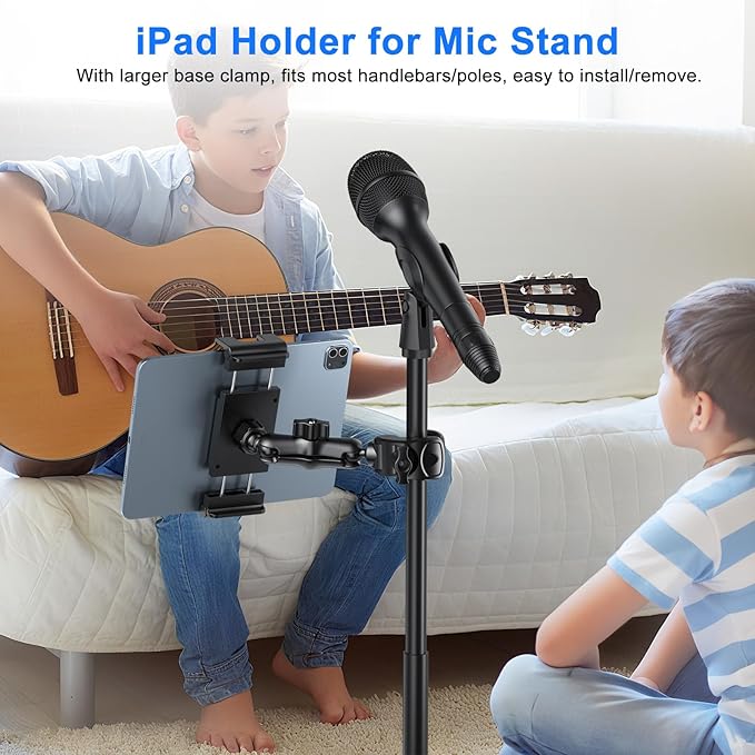 PLDHPRO Tablet Holder for Mic Stand 360° Swivel iPad Music Stand Mount for Microphone with Clamp, Musicians Stage Portable Stands Guitar Tripod Accessories Compatible 5.1-15.6'' Devices