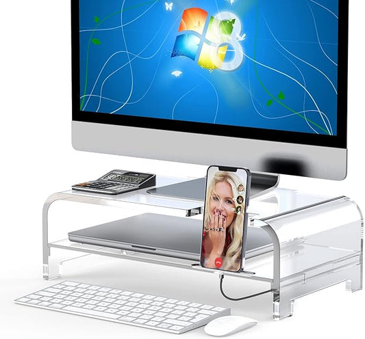 Acrylic Monitor Stand Riser Acrylic Laptop Stand Clear Computer Stand Laptop Riser with Storage Desk Organizer Accessories for Home and Office