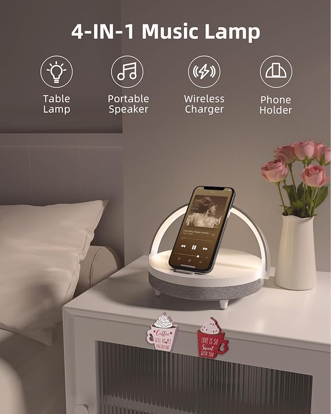 EZVALO Gift for Daughter, Music Table Lamp with Portable Bluetooth Speaker, 4 in 1 Touch Bedside Lamp with Wireless Charger, Phone Holder, Dimmable Night Light Birthday Gifts for Women, Mom