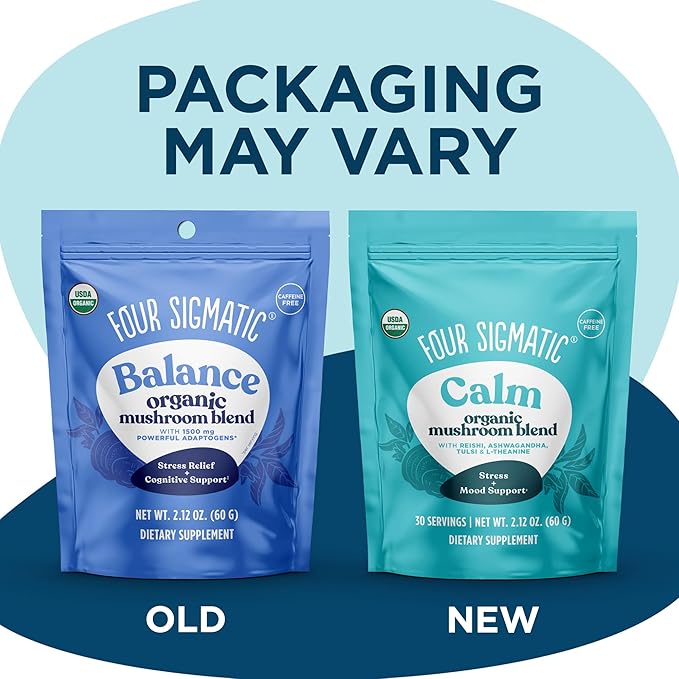 Four Sigmatic Calm Mushroom Blend | Adaptogen Supplement with Ashwagandha, Reishi, Tulsi, Cordyceps, Chaga, Rose HIPS, and More | Natural Stress Relief and Immune Support Supplement | 30 Servings