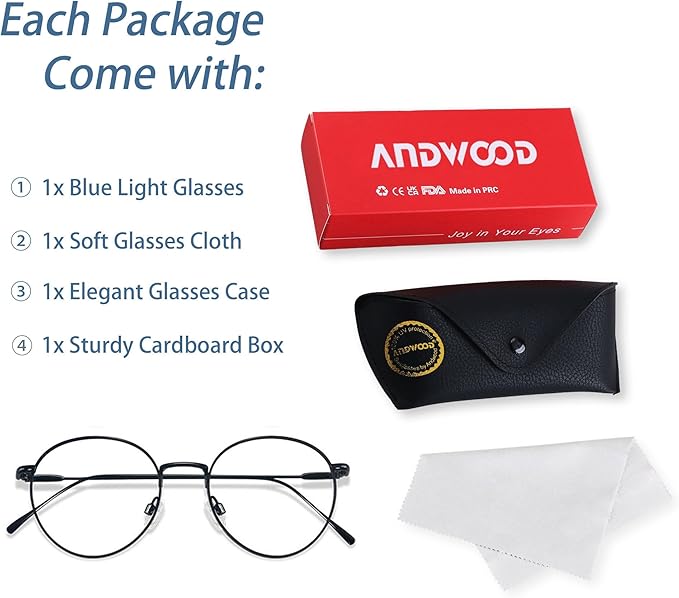 ANDWOOD Blue Light Blocking Glasses Women Men Small Face Computer Clear Bluelight Blocker Super Lightweight Metal Frame Round