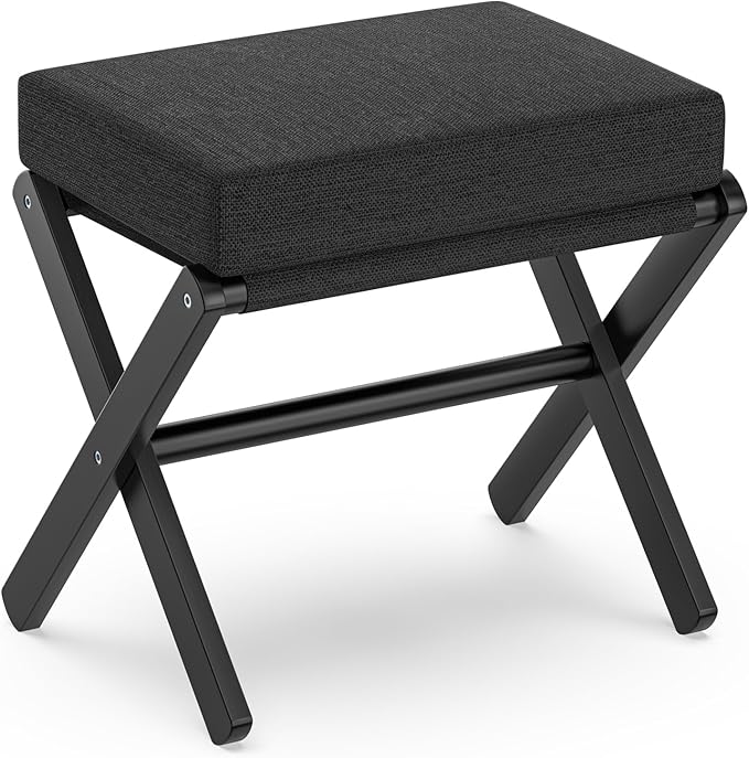 Foldable Foot Stool Ottoman, Modern Foot Rest with Bamboo X Legs & Thick Foam Cushion, Folding Foot Stools Small Padded for Bedroom Living Room, Makeup Vanity Stool Chair (Black - Black)