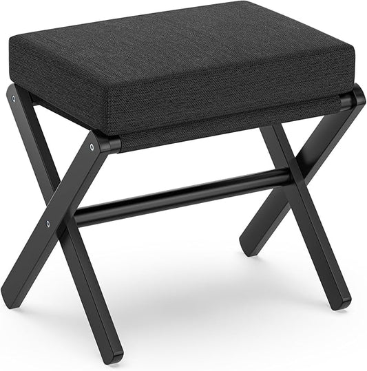 Foldable Foot Stool Ottoman, Modern Foot Rest with Bamboo X Legs & Thick Foam Cushion, Folding Foot Stools Small Padded for Bedroom Living Room, Makeup Vanity Stool Chair (Black - Black)