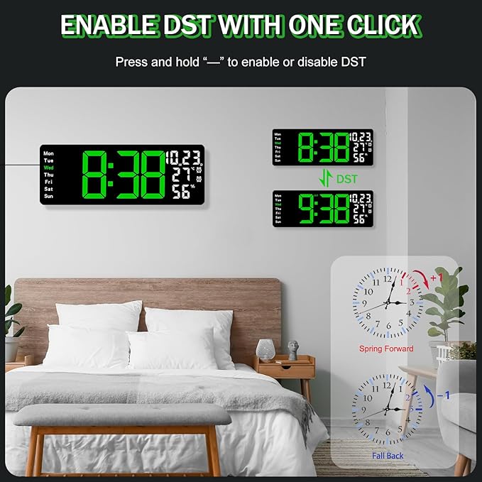 JoFomp 17.3" Large Digital Wall Clock, LED Digital Clock Large Display with Remote Control, Alarm Clock with Temp/DST/Dimmer/Humidity/Timer/Ambient Light - 12/24H, Alarm Wall Clock for Bedroom
