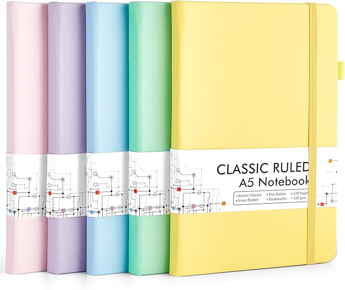 feela 5 Pack Notebooks Journals Bulk, Hardcover Classic Ruled Lined Journals with Pen Holder for Women Girls School Business Supplies, with 5 Black Pens, 120 GSM, 5.1”x8.3”, A5, Pastel Colors