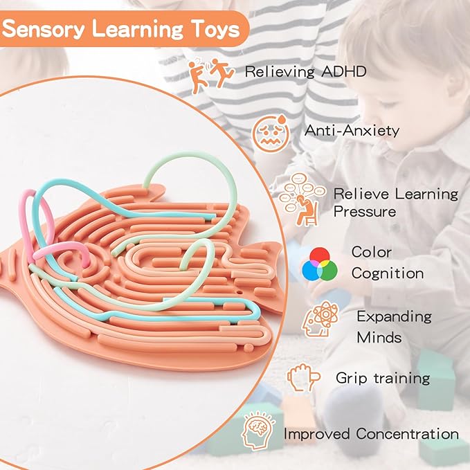 2 Pack Double-Sided Silicone Sensory Fidget Toy with 20 Random-Color Strings, Sensory Activity Board for Kids and Adults with Autism, ADHD, Silent, Stress Relief, Calming, Focus, Gift for Girls Boys