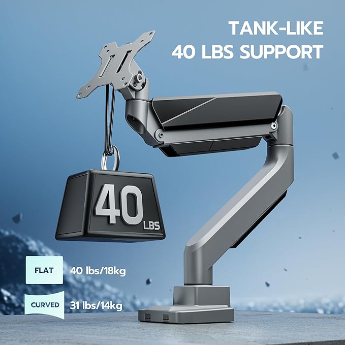 ARES WING Ultrawide Monitor Arm, Heavy Duty Single Monitor Mount for 13"-49" Curved Screens, Adjustable Stand for Desk with C-clamp & Grommet Base up to 40 LBS, Gray