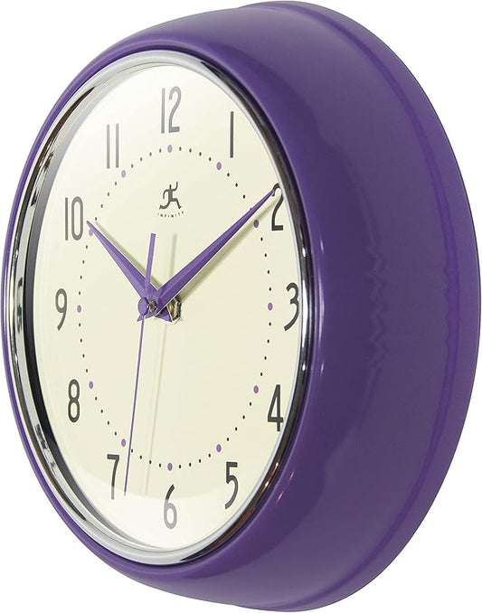 Infinity Instruments LTD. Retro 9 inch Silent Sweep Non-Ticking Mid Century Modern Kitchen Diner Wall Clock Quartz Movement Retro Wall Clock Decorative (Purple)…