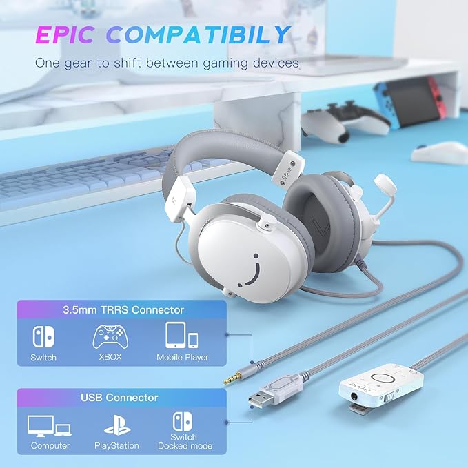 FIFINE USB PC Gaming Headset with 3.5mm Audio Jack, Detachable Microphone, 7.1 Surround Sound, Volume Control, Streaming Over-Ear Wired Headphones for Computer, PS5, Controller, Xbox-H9 White