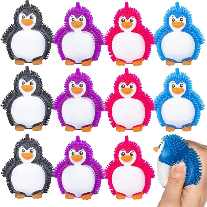 ArtCreativity Puffer Penguins, Set of 12, Fidget Toys for Kids with Soft Rubbery Spikes, Stress Relief Toys in Assorted Colors, Party Favors, Goodie Bag Fillers for Boys and Girls
