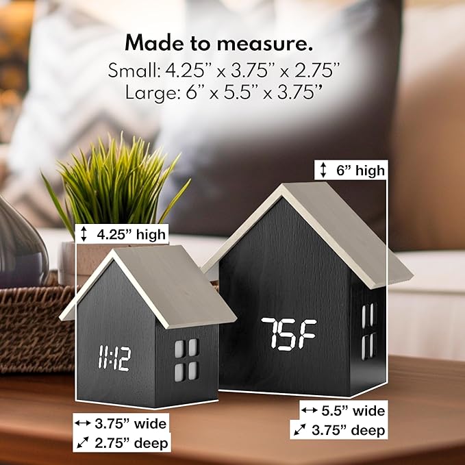 Driini Digital House Shaped Alarm Clock with Temperature Display (Dark Wood) – Modern Aesthetic with Cute Cube Frame and White LED Dimmer - Perfect Large Desk Clock for Bedside Table or Bedroom Mantle
