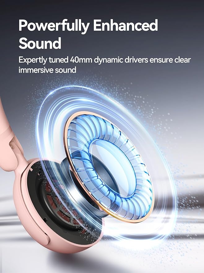 1MORE HQ20 Wireless On-Ear Headphones with Microphone, 85dB Safe Volume, 65H Playtime, Lightweight Foldable Bluetooth Headphones for School/Travel, Android and iOS Compatible, Pink