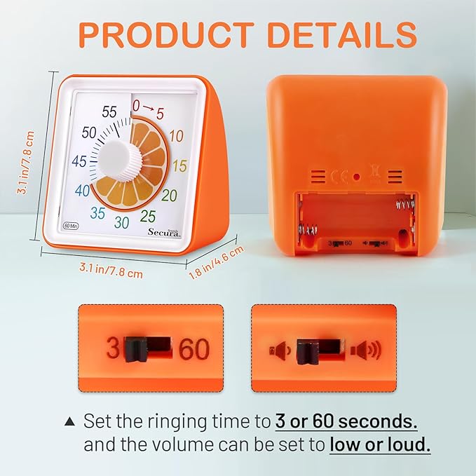 Secura 60-Minute Visual Countdown Timer for Kids & Adults, Classroom Time Management Tool (Orange)