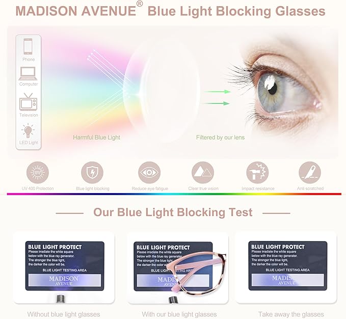 Madison Avenue TR90 Blue Light Blocking Glasses Anti Eyestrain UV Glare Blue Light Glasses for Women TV Phone Computer Gaming Eyeglasses (Pink Tortoiseshell)