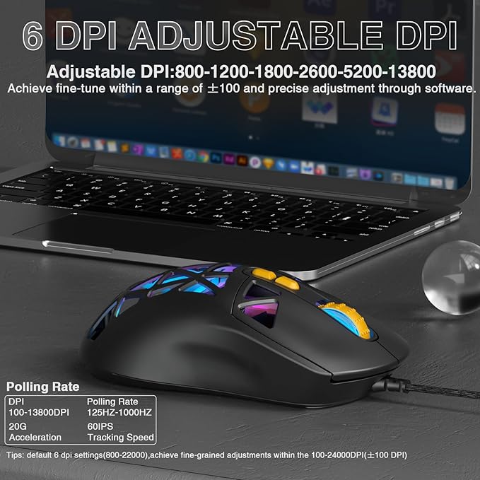 SM901 Gaming Mouse,13800DPI RGB Mouse with Programmable Buttons,53g Lightweight Wired Mouses for Gamer,Black