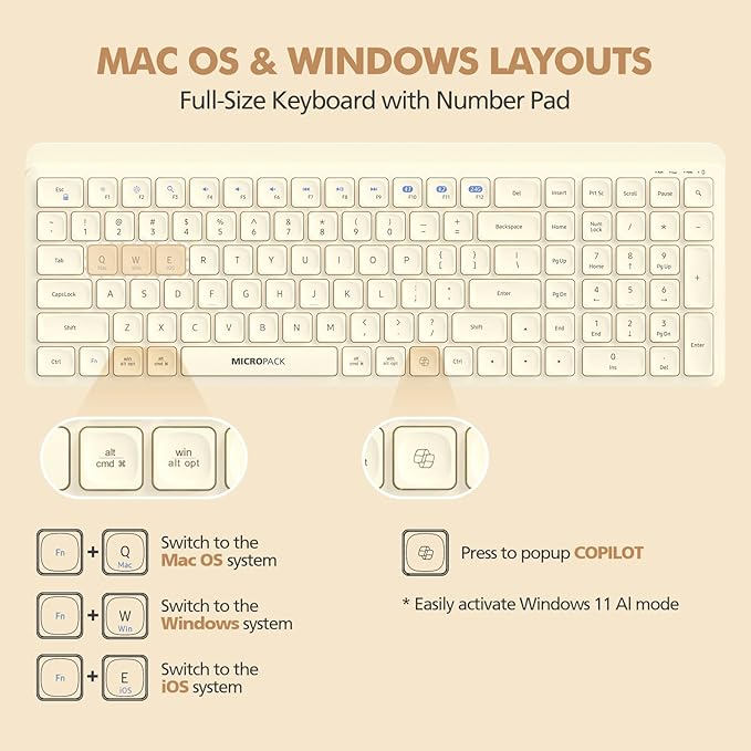 Wireless Keyboard and Mouse Combo for Desktop Mac iPad Bluetooth 2.4 Ghz Rechargeable Ultra Silent Click with Number Pad Compatible with Pc, Laptop, Tablet (Cream)