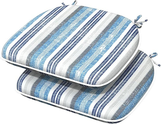 Indoor/Outdoor Chair Cushions 16x17 Inch, Patio Chair Cushions with Ties, All Weather Seat Cushions for Patio Furniture Home Garden Chair Use, Set of 2, Stripe Layered Blue