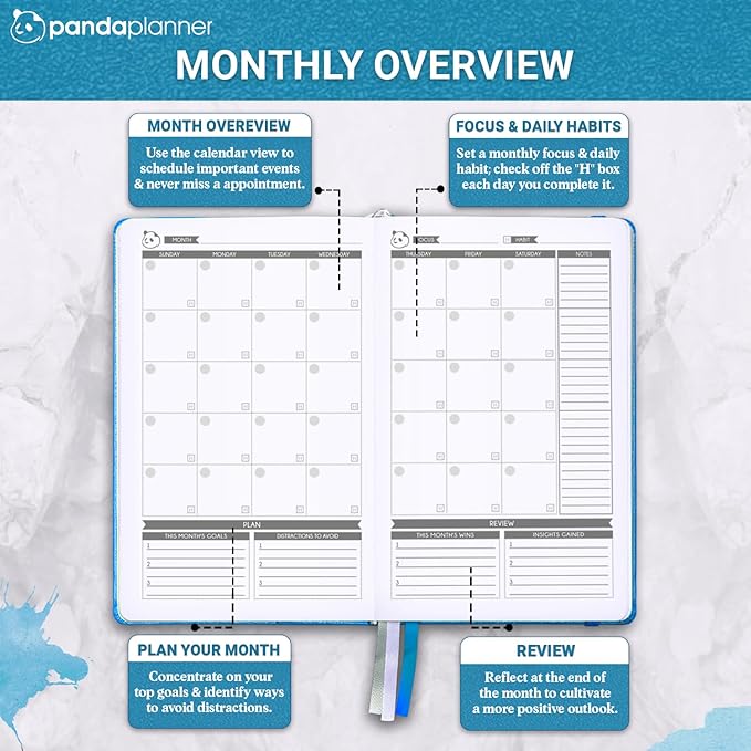 Panda Planner 2025-2026 – Classic Academic Daily, Weekly & Monthly Undated Planner, Agenda & Calendar Notebook – Productivity & Goals – Cyan Blue