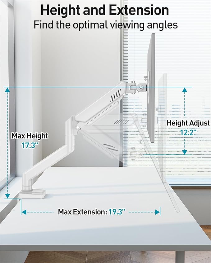 Single Monitor Arm Desk Mount Fits 13 to 32 inch Computer Screens, Holds 4.4 to 22lbs Display VESA Mount, Adjustable Monitor Stand with Clamp/Grommet Mounting Base, 75/100mm Bracket, White, Freelift