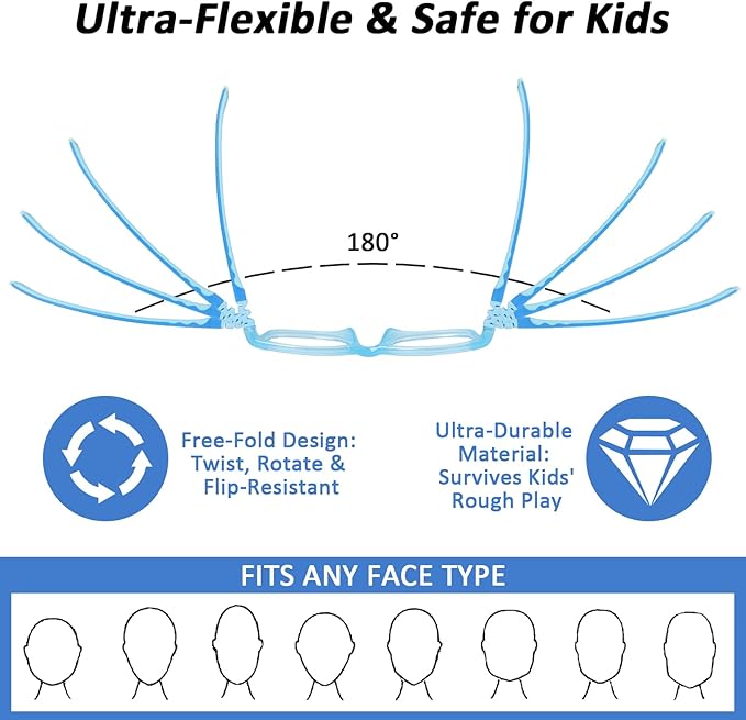 BiBiBear Toddler/Kids/Teens Glasses - Unbreakable TR90 Frame, 180° Flexible, Lightweight & Safe Glasses for Kids Age 2-15