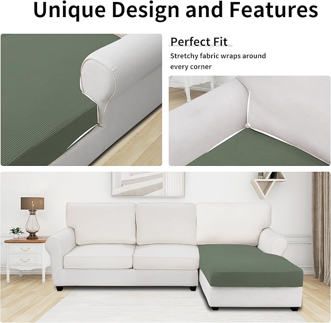 Easy-Going Stretch Sectional Couch Covers 1 Piece Chaise Lounge Slipcover L Shape Separate Cushion Couch Seat Chaise Cover for Both Left/Right Sectional Couch Grayish Green