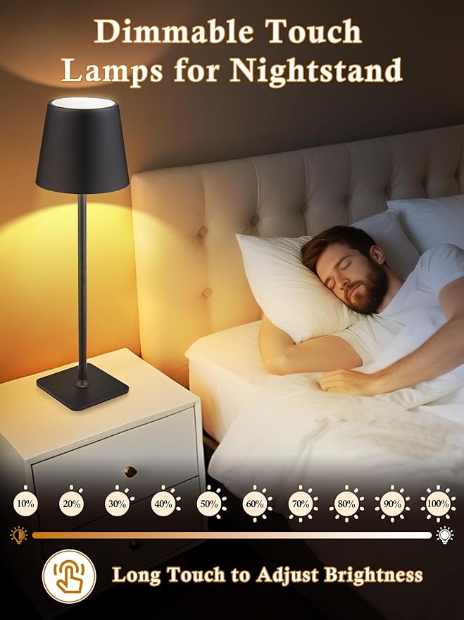 Cordless Lamps Set of 2,6000mAh Battery Powered Lights,Dimmable+3 Colors Rechargeable Lamps Cordless Table Lamp,Portable Light,Wireless Lamp for Bedroom/Living Room/Kitchen/Bathroom/Outdoor