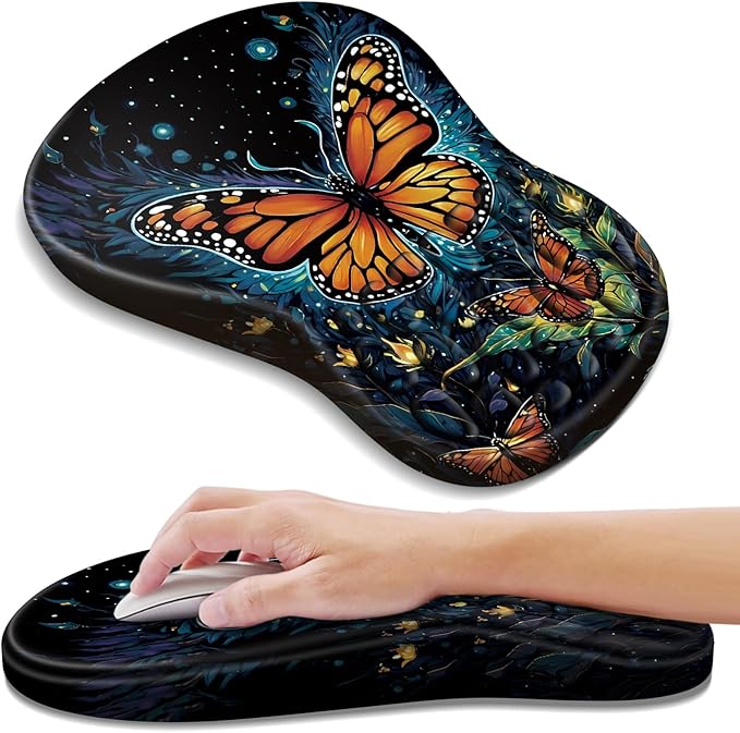 Ergonomic Mouse Pad with Wrist Rest Support, Mousepad with Comfortable Memory Foam Wrist Rest and Non-Slip PU Base for Pain Relief, Computer, Laptop, Office, Home (Butterfly)
