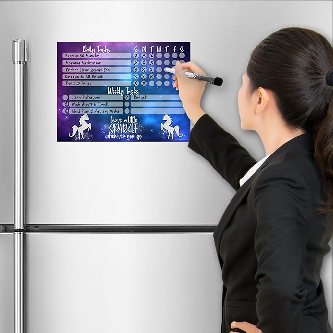Dry Erase Whiteboard Task Planner | Removable and Restickable Adhesive Decal | Fine-Tip Magnetic Marker Included (9 x 12 inches, Unicorn Sparkle)