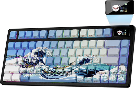 HITIME XVX 75% Keyboard with Color Smart Display, L75 Pro Low Profile Gasket Mechanical Gaming Keyboard, Bluetooth 5.1/2.4G Wireless/Type-C Wired Custom Keyboard with RGB Backlit, Blue Kanagawa Theme