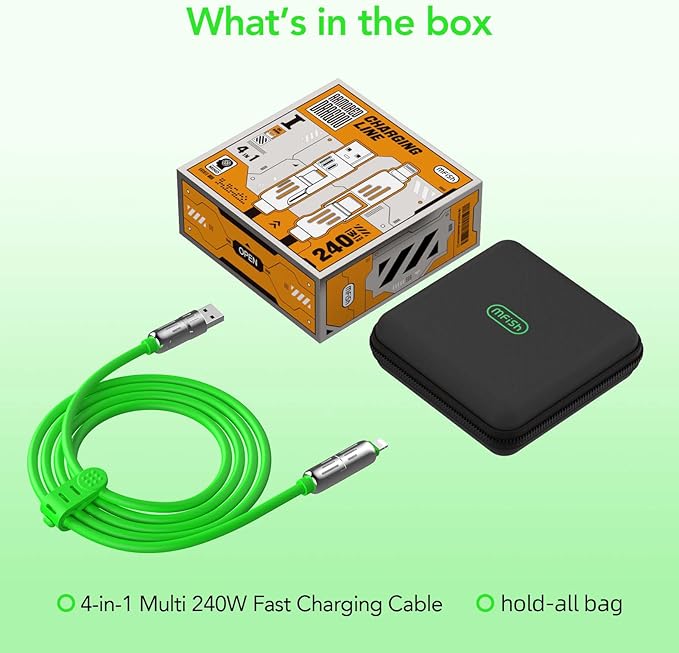 MFish 4-in-1 Universal USB Charging Cable with Carrying Case – 240W Max Fast Charger Cord, USB-A, Dual USB-C & Lighting, for iPhone 14/15/16/17 Series, iPad & MacBook and More (Green, 6.6Ft)