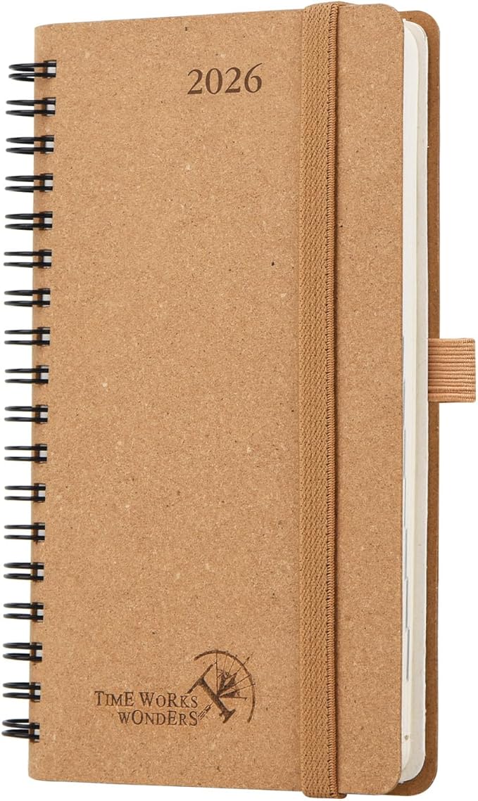 POPRUN 2026 Recycled Weekly Planner 12 Months Pocket Size (3.5'' x 6.5'') - Spiral Calendar Weekly and Monthly for Purse, with Italian Regenrated Leather, Pen Holder - Desert Brown